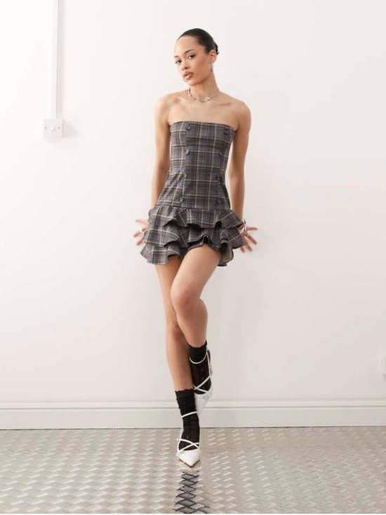 Motel Rocks Strapless Gray Plaid Ruffle Mini Dress - Picture 2 of 7